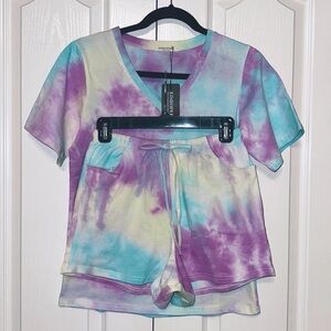 Eishopeer Tie Dye Lounge Pajama Set Short sleeves and Shorts Purple and Blue